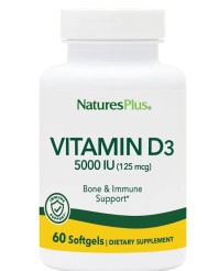 Natures Plus Vitamin D3 5000iu Συμπλήρωμα Διατροφής για Καλή Λειτουργία του Νευρικού Συστήματος, Υγιή Οστά & Δόντια 60caps
