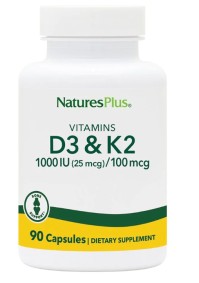 Natures Plus Vit D3/ Vit K2 Συμπλήρωμα Διατροφής Για Την Καλή Λειτουργία Του Νευρικού Συστήματος 90 φυτικές κάψουλες