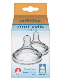 Dr.Browns Natural Flow Options+ Θηλή Από Διάφανη Σιλικόνη Με Φαρδύ Λαιμό, Επίπεδο 1, WN1201, 0m+ 2Τμχ.