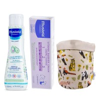 MUSTELA DIAPER & BATH BOX+STORAGE BASKET FREE Πακέτο με κρέμα αλλαγής πάνας και απαλό αφροντούς για σώμα και μαλλιά και δώρο ένα καλάθι αποθηκέυσης με σχέδιο ζωάκια.
