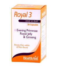 HEALTH AID Royal 3 Evening Primrose, Royal Jelly & Ginseng Συμπλήρωμα Διατροφής με Βασιλικό Πολτό, Έλαιο Νυχτολούλουδου & Κορεάτικο Τζίνσενγκ για Τόνωση του Ανοσοποιητικού & Μείωση της Κόπωσης 30 Κάψουλες