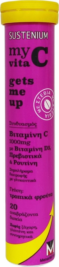 Menarini Sustenium My Vita C Gets Me Up με Βιταμίνη D3 Πρεβιοτικά & Ρουτίνη Τροπικά Φρούτα 1000mg 20 αναβράζοντα δισκία