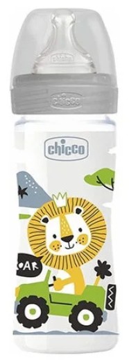 Chicco Πλαστικό Μπιμπερό Well Being Κατά των Κολικών με Θηλή Σιλικόνης 250ml για 2+ μηνών Grey Lion