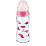 Nuk Γυάλινο Μπιμπερό First Choice Plus Temperature Control Κατά των Κολικών με Θηλή Σιλικόνης 240ml για 0-6 μηνών Pink*