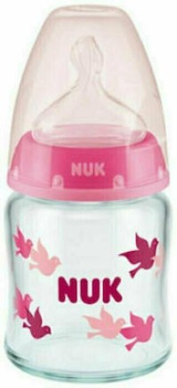 Nuk First Choice+ Γυάλινο Μπιμπερό Θηλή Σιλικόνης 0-6m Temperature Control Ροζ* 120ml