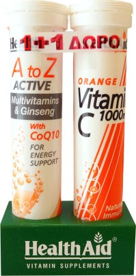 Health Aid Vegan A To Z Αctive With Q10 Tutti Frutti 20 Αναβράζοντα Δισκία + ΔΩΡΟ Vegeterian Vitamin C 1000mg Orange 20 Αναβράζοντα Δισκία