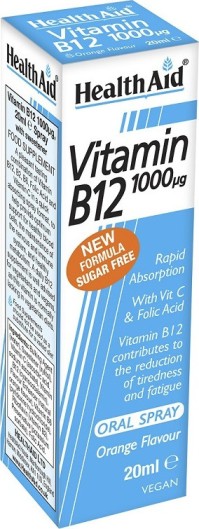 Health Aid Vegan Vitamin B12 1000μg Oral Spray Για Εύκολη Λήψη Και Γρήγορη Απορρόφηση Με Γεύση Πορτοκάλι 20ml