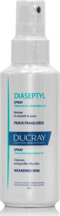 Ducray Diaseptyl Spray Αντισηπτικό διάλυμα Χλωρεξιδίνης 0.2% σε σπρέι. Kαθαρίζει & απολυμαίνει χωρίς να χρωματίζει και να λεκιάζει τα ρούχα. Ιδανικό για παιδιά.125ml