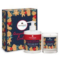 Messinian Spa Gingerbread Cookies Box 2 Natural Massage Candle + Liquid Hand Wash, Αρωματικό κερί + Κρεμοσάπουνο χεριών για όλη την Οικογένεια 400ml