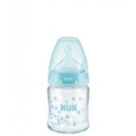 Nuk First Choice+ Γυάλινο Μπιμπερό με Θηλή Σιλικόνης Μεσαίας Οπής, από 0-6 μηνών, Μπλε* 120ml