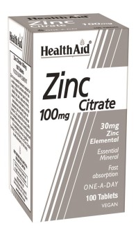 Health Aid Vegan Zinc Citrate 100mg Συμπλήρωμα Διατροφής Ψευδάργυρου Κιτρικού Με Ευεργετικές Ιδιότητες Για Ανοσοποιητικό, Δέρμα Και Αναπαραγωγικό Σύστημα 100 Ταμπλέτες