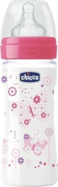 Chicco Well Being Bottle 2m+ Πλαστικό Μπιμπερό κατά των Κολικών με Θηλή Σιλικόνης \Σαν τη Μαμά\, Ροζ Χρώμα, 250ml